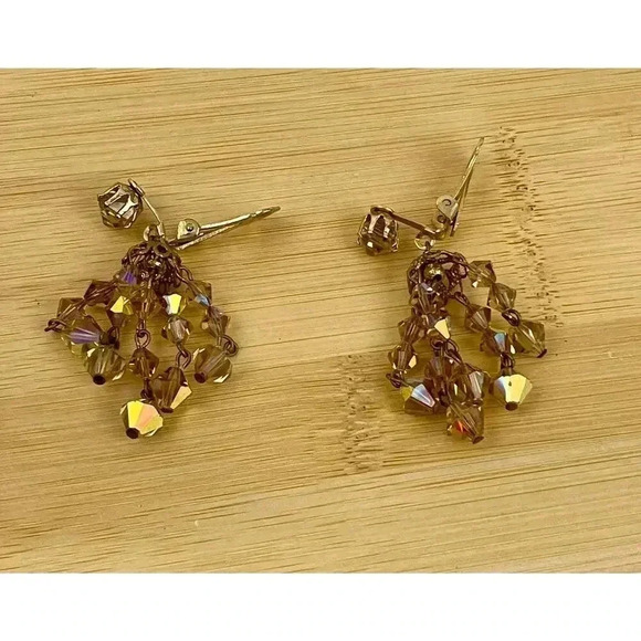 VTG Crystal Chandelier Clip On Earring Brown Iridescent Beaded Dangle 2" Long - Picture 16 of 16